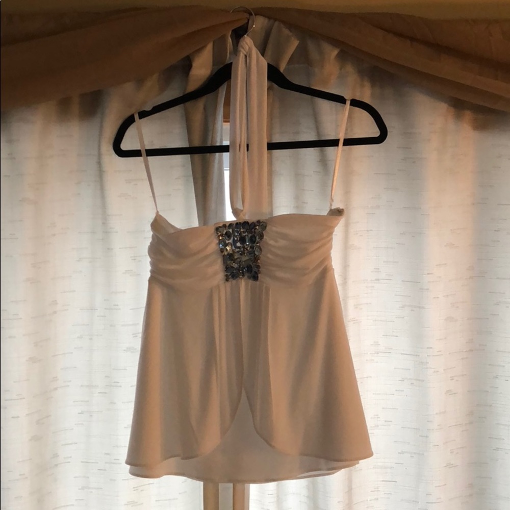 White halter top with blue crystal accents